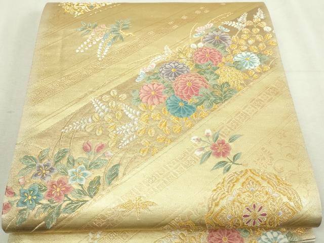 平和屋本店▼六通柄袋帯　草花華文　本金箔　正絹　逸品　DABI1366sf
