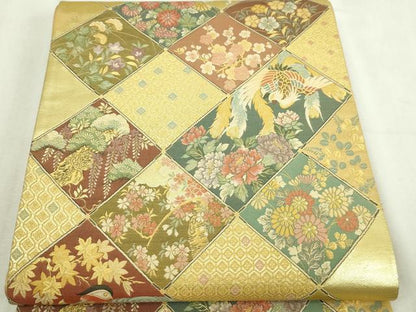 平和屋本店▼六通柄袋帯　孔雀花文　本金箔　正絹　逸品　DABI1371sf