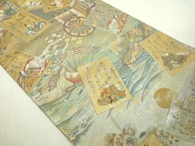 平和屋本店▼西陣あさぎ　丸帯　小倉百人一首　二十四金箔プラチナ箔　正絹　逸品　DABI1383sf