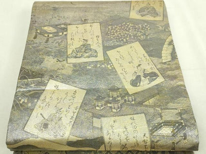 平和屋本店▼西陣あさぎ　丸帯　小倉百人一首　二十四金箔プラチナ箔　正絹　逸品　DABI1383sf
