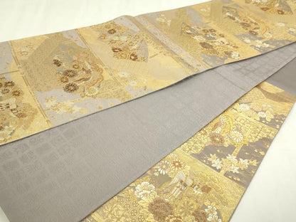 平和屋本店▼六通柄袋帯　違棚扇面文　本金プラチナ箔　正絹　逸品　DABI1384sf
