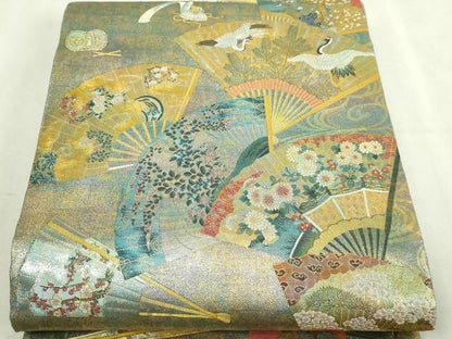 平和屋本店▼西陣あさぎ　全通全景柄袋帯　徳川美術館秘蔵　能楽百扇　24金プラチナ二重箔　正絹　逸品　DABI1385sf