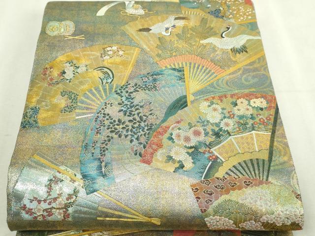 平和屋本店▼西陣あさぎ　全通全景柄袋帯　徳川美術館秘蔵　能楽百扇　24金プラチナ二重箔　正絹　逸品　DABI1385sf