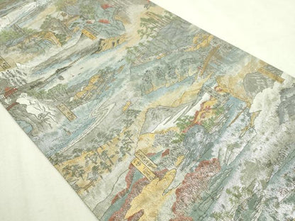 平和屋本店▼西陣あさぎ　両面　全通全景柄袋帯　夷重　六十餘州名勝場會全景図　24金プラチナ二重箔　正絹　逸品　DABI1390sf