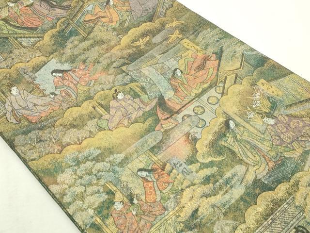 平和屋本店▼西陣あさぎ　全通全景柄袋帯　源氏物語絵巻　24金プラチナ二重箔　分析通知書付き　正絹　逸品　DABI1395sf