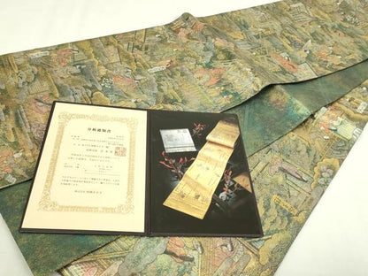 平和屋本店▼西陣あさぎ　全通全景柄袋帯　源氏物語絵巻　24金プラチナ二重箔　分析通知書付き　正絹　逸品　DABI1395sf