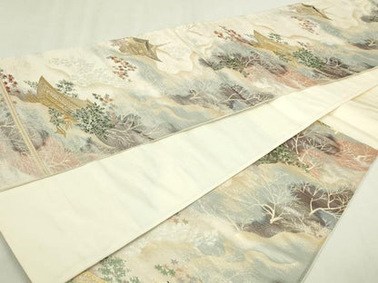 平和屋本店▼六通柄袋帯　風景草花文　本金箔　正絹　逸品　DABI1396sf