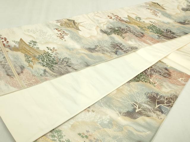 平和屋本店▼六通柄袋帯　風景草花文　本金箔　正絹　逸品　DABI1396sf