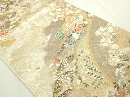 平和屋本店▼六通柄袋帯　春秋照映文　九百本金弐重織　正絹　逸品　DABI1398sf