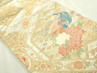 平和屋本店▼六通柄袋帯　蜀甲桃山四季花鳥　弐拾四金箔　正絹　逸品　DABI1401sf
