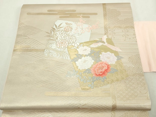 平和屋本店▼九寸名古屋帯　唐織　花鳥文　本金箔　正絹　逸品　DABI1409sf