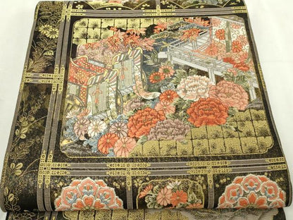 平和屋本店▼六通柄袋帯　格天桃山文　本漆本金箔　黒地　正絹　逸品　DABI1411sf