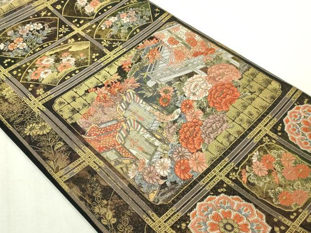 平和屋本店▼六通柄袋帯　格天桃山文　本漆本金箔　黒地　正絹　逸品　DABI1411sf