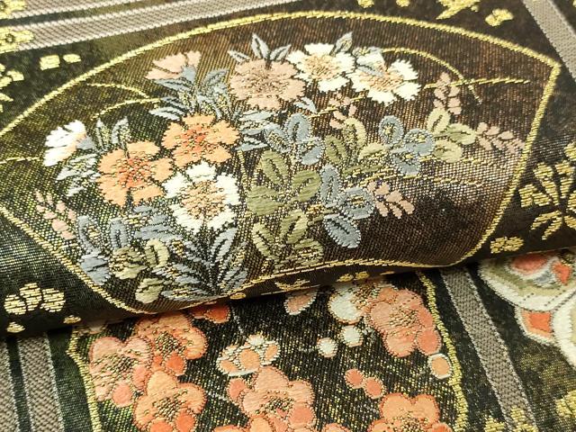 平和屋本店▼六通柄袋帯　格天桃山文　本漆本金箔　黒地　正絹　逸品　DABI1411sf