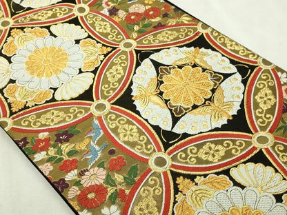 平和屋本店▼六通柄袋帯　唐織　万華菊蝶連文　黒地　本金箔　正絹　逸品　DABI1415sf