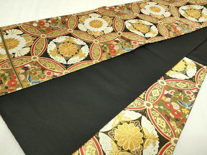平和屋本店▼六通柄袋帯　唐織　万華菊蝶連文　黒地　本金箔　正絹　逸品　DABI1415sf