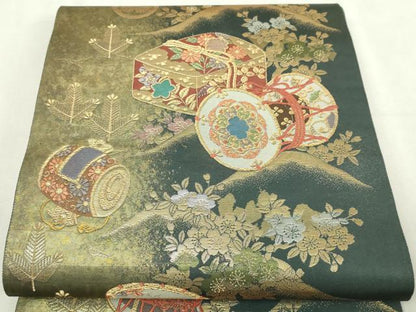平和屋本店▼六通柄袋帯　楽器花文　螺鈿本金真珠箔　正絹　逸品　DABI1416sf