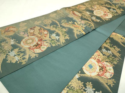 平和屋本店▼六通柄袋帯　楽器花文　螺鈿本金真珠箔　正絹　逸品　DABI1416sf