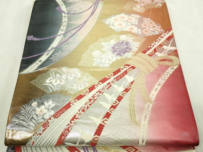平和屋本店▼六通柄袋帯　唐織　几帳扇面文　純金箔24Ｋ　正絹　逸品　DABI1417sf