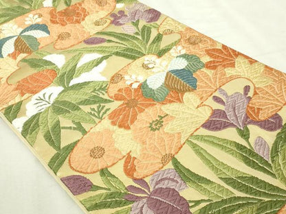平和屋本店▼六通柄袋帯　唐織　草花文　本金箔　正絹　逸品　DABI1423sf