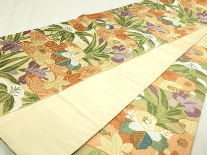 平和屋本店▼六通柄袋帯　唐織　草花文　本金箔　正絹　逸品　DABI1423sf