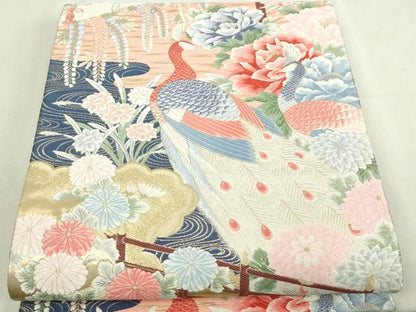 平和屋本店▼六通柄袋帯　唐織　九百錦　名庭孔雀花文　純金箔　正絹　逸品　DABI1434sf