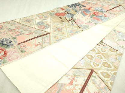 平和屋本店▼六通柄袋帯　唐織　九百錦　名庭孔雀花文　純金箔　正絹　逸品　DABI1434sf