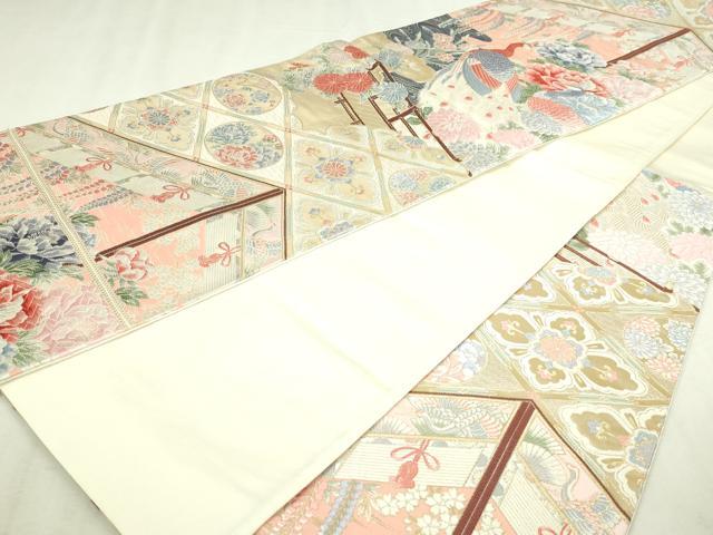 平和屋本店▼六通柄袋帯　唐織　九百錦　名庭孔雀花文　純金箔　正絹　逸品　DABI1434sf