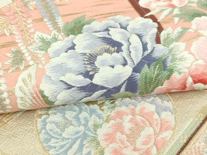 平和屋本店▼六通柄袋帯　唐織　九百錦　名庭孔雀花文　純金箔　正絹　逸品　DABI1434sf