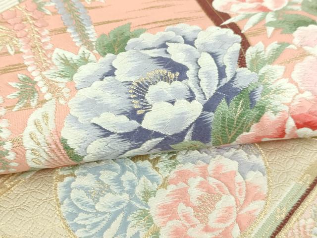 平和屋本店▼六通柄袋帯　唐織　九百錦　名庭孔雀花文　純金箔　正絹　逸品　DABI1434sf