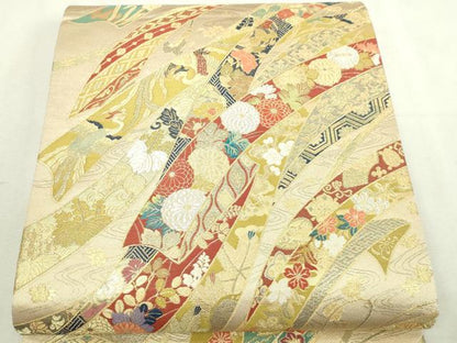 平和屋本店▼六通柄袋帯　熨斗目菊鳥花　本金箔　正絹　逸品　DABI1438sf