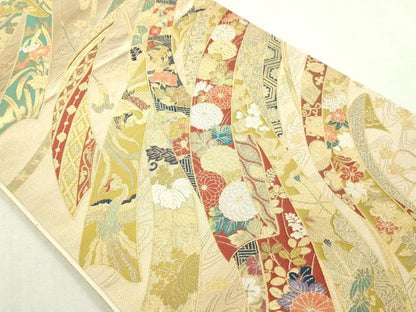 平和屋本店▼六通柄袋帯　熨斗目菊鳥花　本金箔　正絹　逸品　DABI1438sf