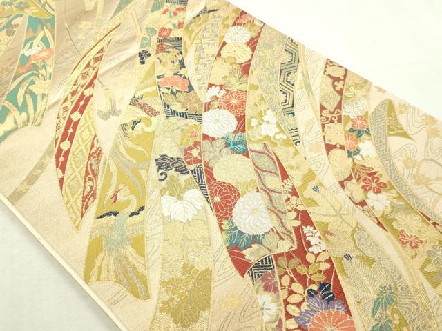 平和屋本店▼六通柄袋帯　熨斗目菊鳥花　本金箔　正絹　逸品　DABI1438sf