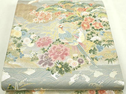 平和屋本店▼六通柄袋帯　霞雲花鳥文　本金　正絹　逸品　DABI1455sf