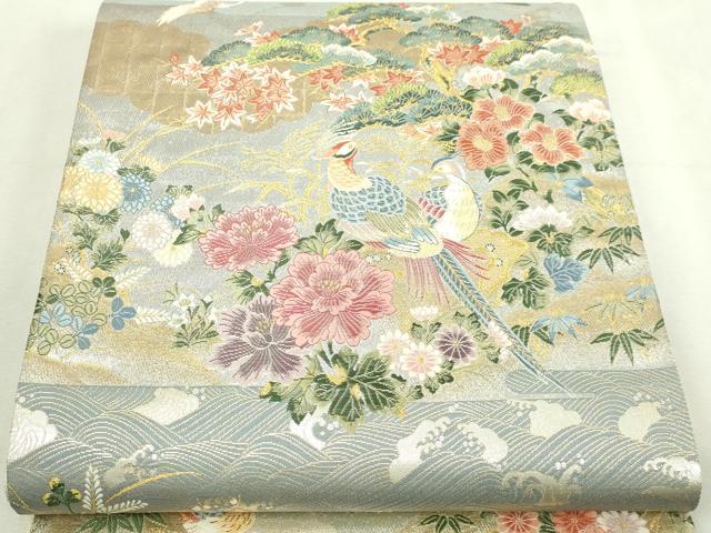 平和屋本店▼六通柄袋帯　霞雲花鳥文　本金　正絹　逸品　DABI1455sf
