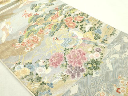 平和屋本店▼六通柄袋帯　霞雲花鳥文　本金　正絹　逸品　DABI1455sf