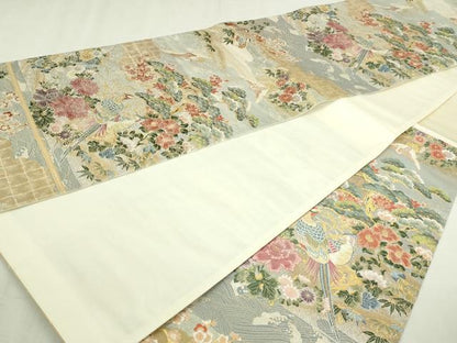 平和屋本店▼六通柄袋帯　霞雲花鳥文　本金　正絹　逸品　DABI1455sf