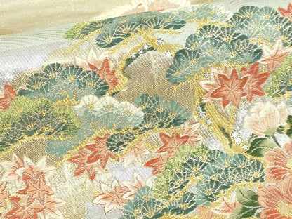 平和屋本店▼六通柄袋帯　霞雲花鳥文　本金　正絹　逸品　DABI1455sf