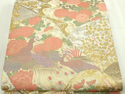 平和屋本店▼伝統工芸士　平田藤三郎　六通柄袋帯　紹巴　孔雀花文　本金箔　正絹　逸品　DABI1460sf
