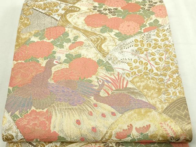 平和屋本店▼伝統工芸士　平田藤三郎　六通柄袋帯　紹巴　孔雀花文　本金箔　正絹　逸品　DABI1460sf