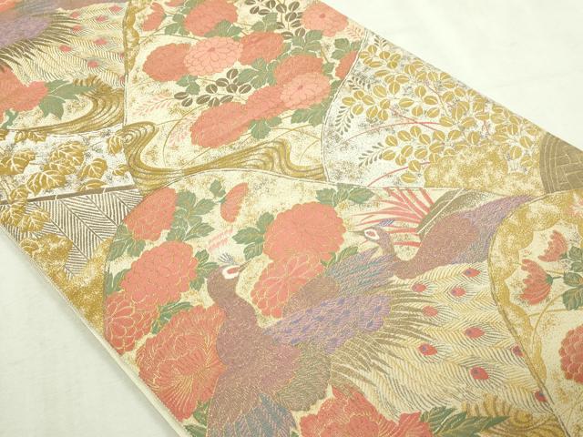 平和屋本店▼伝統工芸士　平田藤三郎　六通柄袋帯　紹巴　孔雀花文　本金箔　正絹　逸品　DABI1460sf