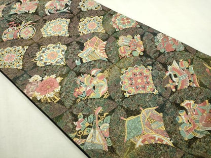 平和屋本店▼老舗織元　泰生織物　六通柄袋帯　唐織　飛鶴宝尽くし花文　本金漆箔　正絹　逸品　DABI1461sf
