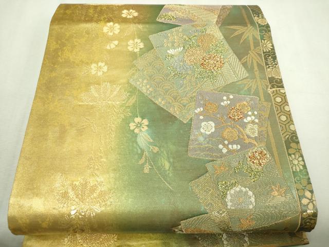 平和屋本店▼六通柄袋帯　色紙草花文　松竹梅　本金二重箔　正絹　逸品　DABI1464sf