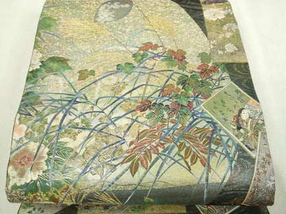 平和屋本店▼西陣あさぎ　丸帯　日本絵画全集　壱仟八百口織　プラチナ本金箔　さが美扱い　分析通知書付き　正絹　逸品　DABI1467sf