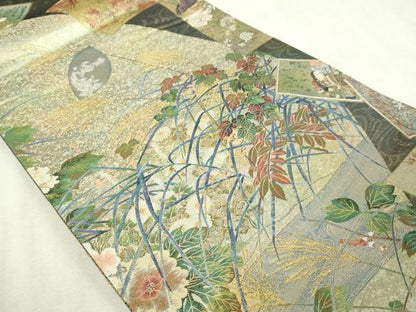 平和屋本店▼西陣あさぎ　丸帯　日本絵画全集　壱仟八百口織　プラチナ本金箔　さが美扱い　分析通知書付き　正絹　逸品　DABI1467sf