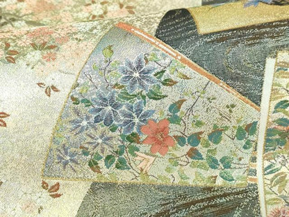 平和屋本店▼西陣あさぎ　丸帯　日本絵画全集　壱仟八百口織　プラチナ本金箔　さが美扱い　分析通知書付き　正絹　逸品　DABI1467sf