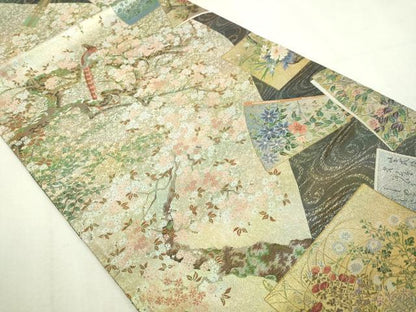 平和屋本店▼西陣あさぎ　丸帯　日本絵画全集　壱仟八百口織　プラチナ本金箔　さが美扱い　分析通知書付き　正絹　逸品　DABI1467sf