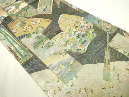 平和屋本店▼西陣あさぎ　丸帯　日本絵画全集　壱仟八百口織　プラチナ本金箔　さが美扱い　分析通知書付き　正絹　逸品　DABI1467sf