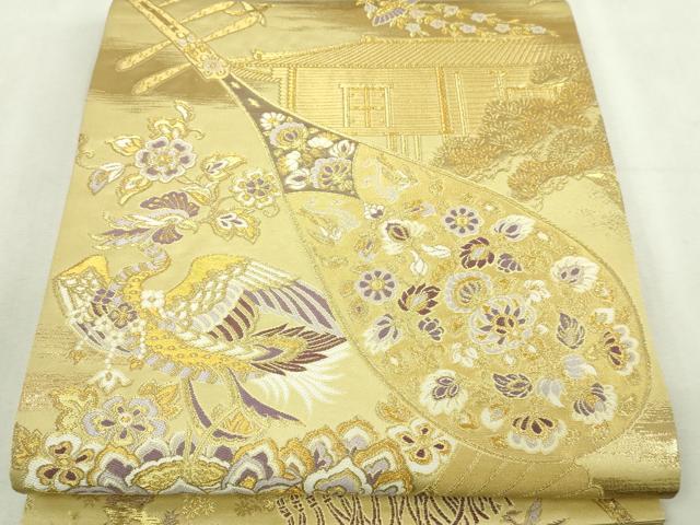平和屋本店▼両面　全柄袋帯　飛鶴陶器花文　本金箔　正絹　逸品　DABI1469sf
