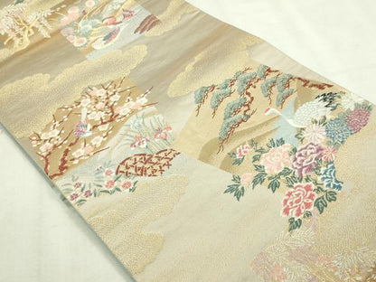 平和屋本店▼西陣　六通柄袋帯　色紙景鳥文　本金二重箔　正絹　逸品　DABI1474sf